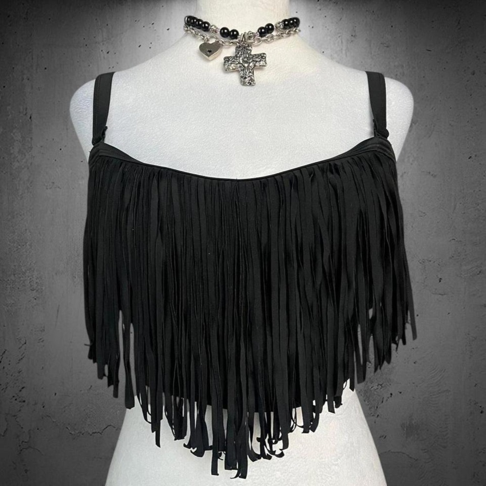 Black Festival Boho Fringe Tassel Cropped Stretchy Swimwear Summer Top